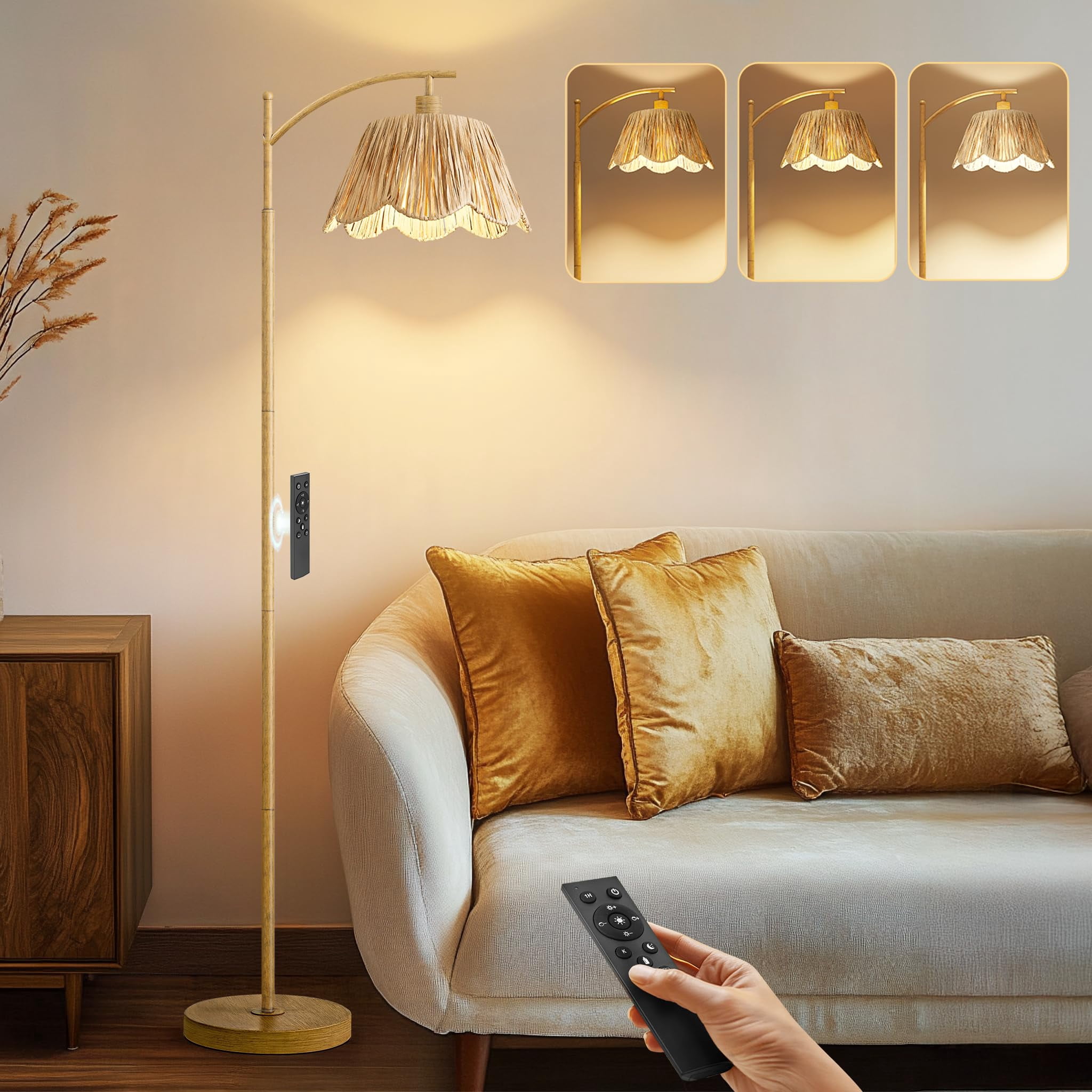 Arc Floor Lamp For Living Room With 3 Color Temperatures  Rattan Boho Remote & Dimmable Bulb Farmhouse Lamps Suitable Bedroom Study(light Woodgrain)