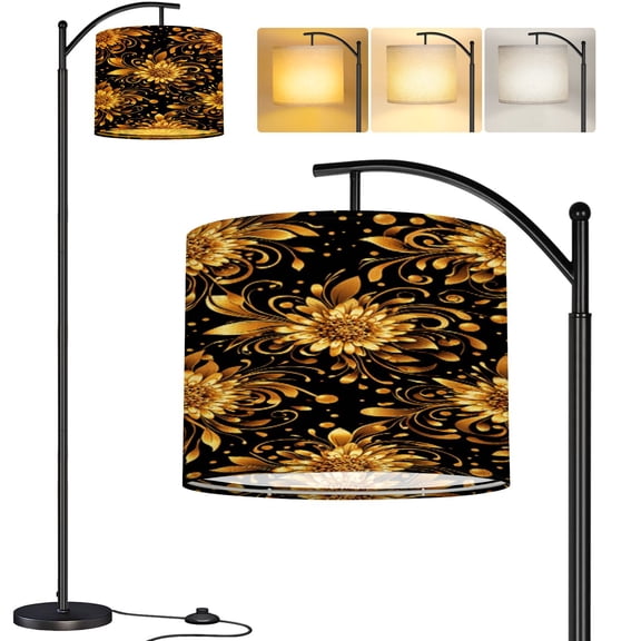 Arc Floor Lamp Gold luxury floral 3d 3d surface gold flowers vintage swirl Tall Modern Standing Lamp LED Adjustable Linen Lampshade 3 Color Temperatures