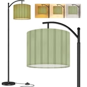 Arc Floor Lamp Green Wooden Plank Tall Modern Standing Lamp LED Adjustable Linen Lampshade 3 Color Temperatures