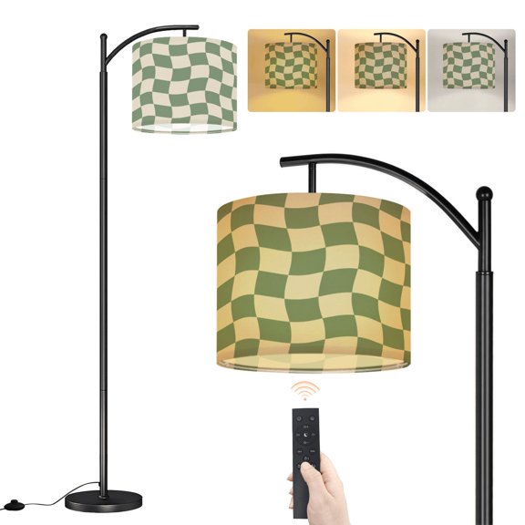 Arc Floor Lamp Green groovy retro checkered geometric teal wavy modern abstract soft Dimmable Modern Standing Lamp with Remote Adjustable Shade Footswitch Tall Pole Lamp for Living Room Bedroom
