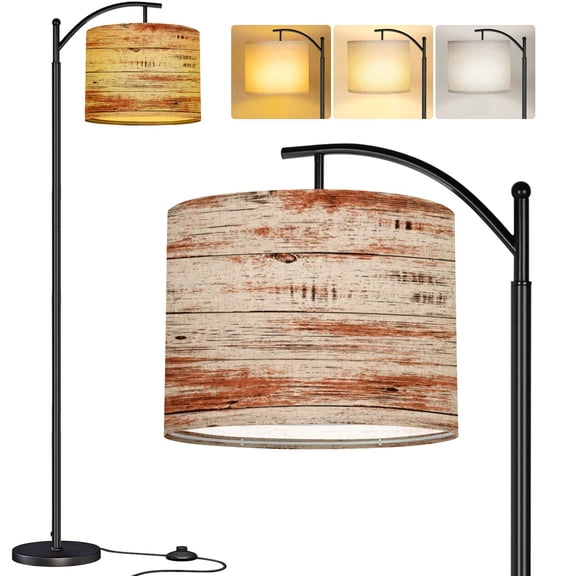 Arc Floor Lamp Grunge wood overlay texture Tall Modern Standing Lamp LED Adjustable Linen Lampshade 3 Color Temperatures