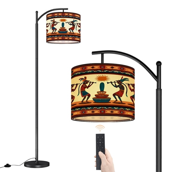 Arc Floor Lamp Kokopelli Southwestern Native American Indian Ancient Ethnic Tribal Dimmable Modern Standing Lamp with Remote Adjustable Drum Shade Footswitch Tall Pole Lamp for Living Room Bedroom