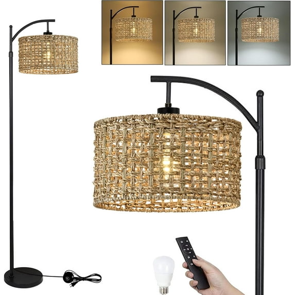 Arc Floor Lamp for Living Room with Remote Control,Farmhouse Floor Lamps with 3 Color Temperature,Rustic Standing Lamp with Rattan Wicker Shades,Adjustable Tall Lamp for Bedroom,Office,Reading