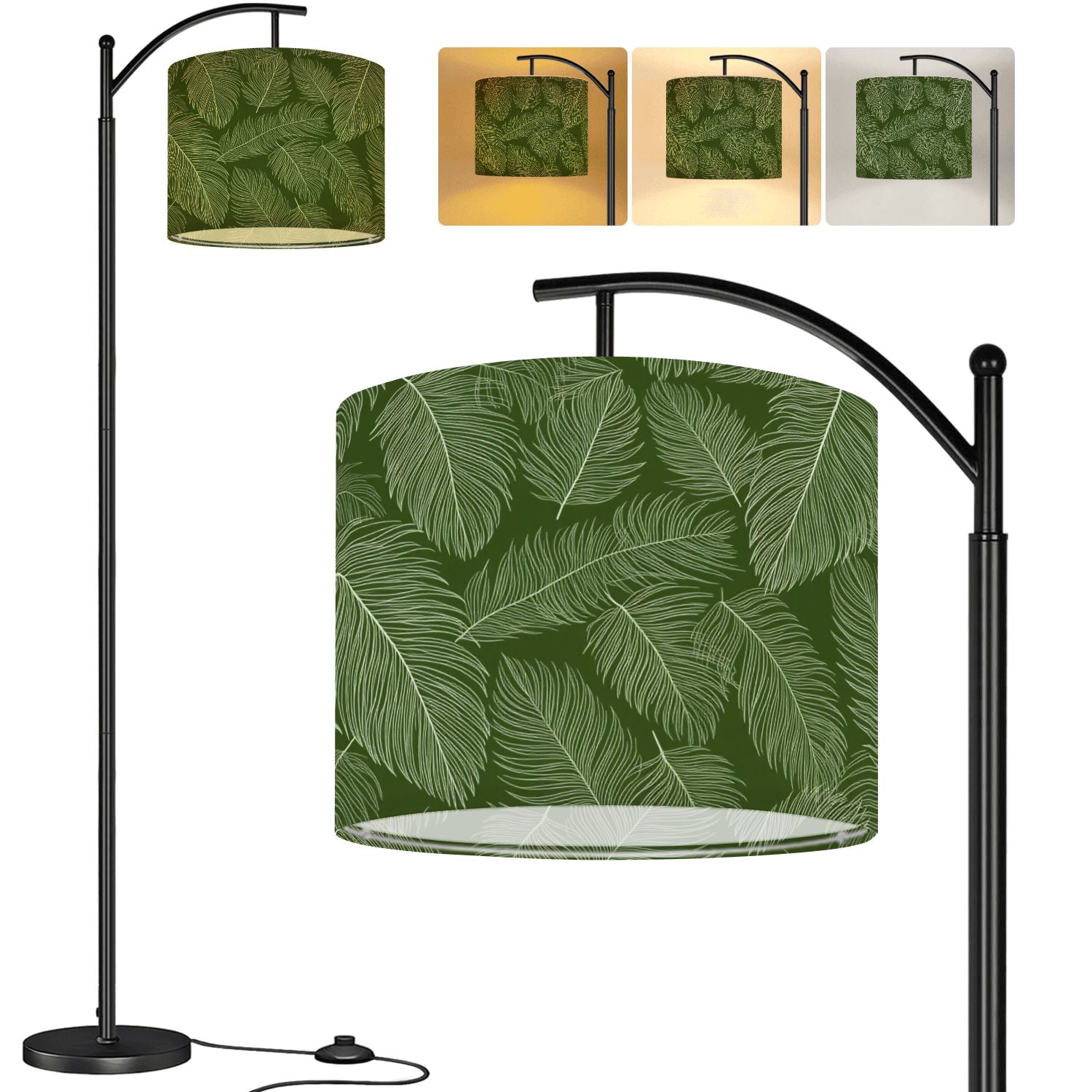 Arc Floor Lamp Luxury Nature green Floral Golden Tall Modern Standing Lamp LED Adjustable Linen Lampshade 3 Color Temperatures