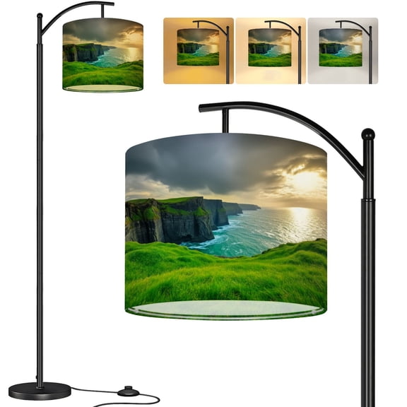Arc Floor Lamp Magnificent Cliffs Moher Ireland winter Tall Modern Standing Lamp LED Adjustable Linen Lampshade 3 Color Temperatures