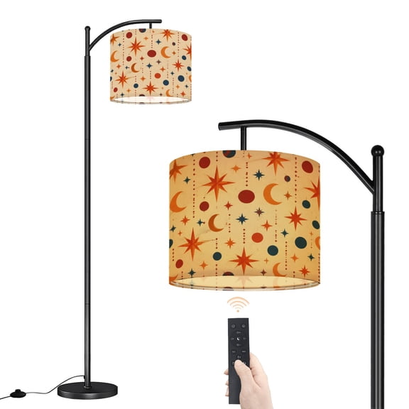 Arc Floor Lamp Mid Century Modern Starry Moons Geometric Shapes Retro Colors Dimmable Modern Standing Lamp with Remote Adjustable Drum Shade Footswitch Tall Pole Lamp for Living Room Bedroom