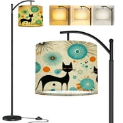 Arc Floor Lamp Mid Century Style Black Cat Modern Abstract Geometric Vintage Colorful Tall Modern Standing Lamp LED Adjustable Linen Lampshade 3 Color Temperatures