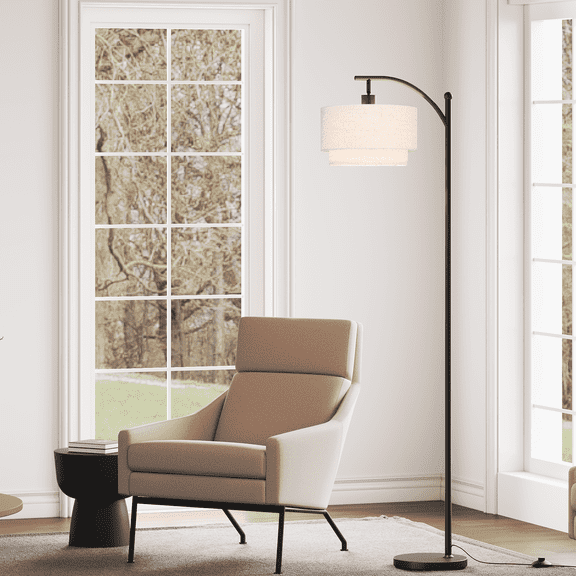 SUNMORY Arc Floor Lamp, Modern Corner Standing Lamp with Unique Hanging Douoble Drum Lampshade for Living Room, Bedroom, Study Room