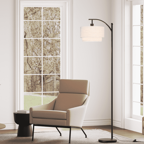 SUNMORY Arc Floor Lamp, Modern Corner Standing Lamp with Unique Hanging Douoble Drum Lampshade for Living Room, Bedroom, Study Room