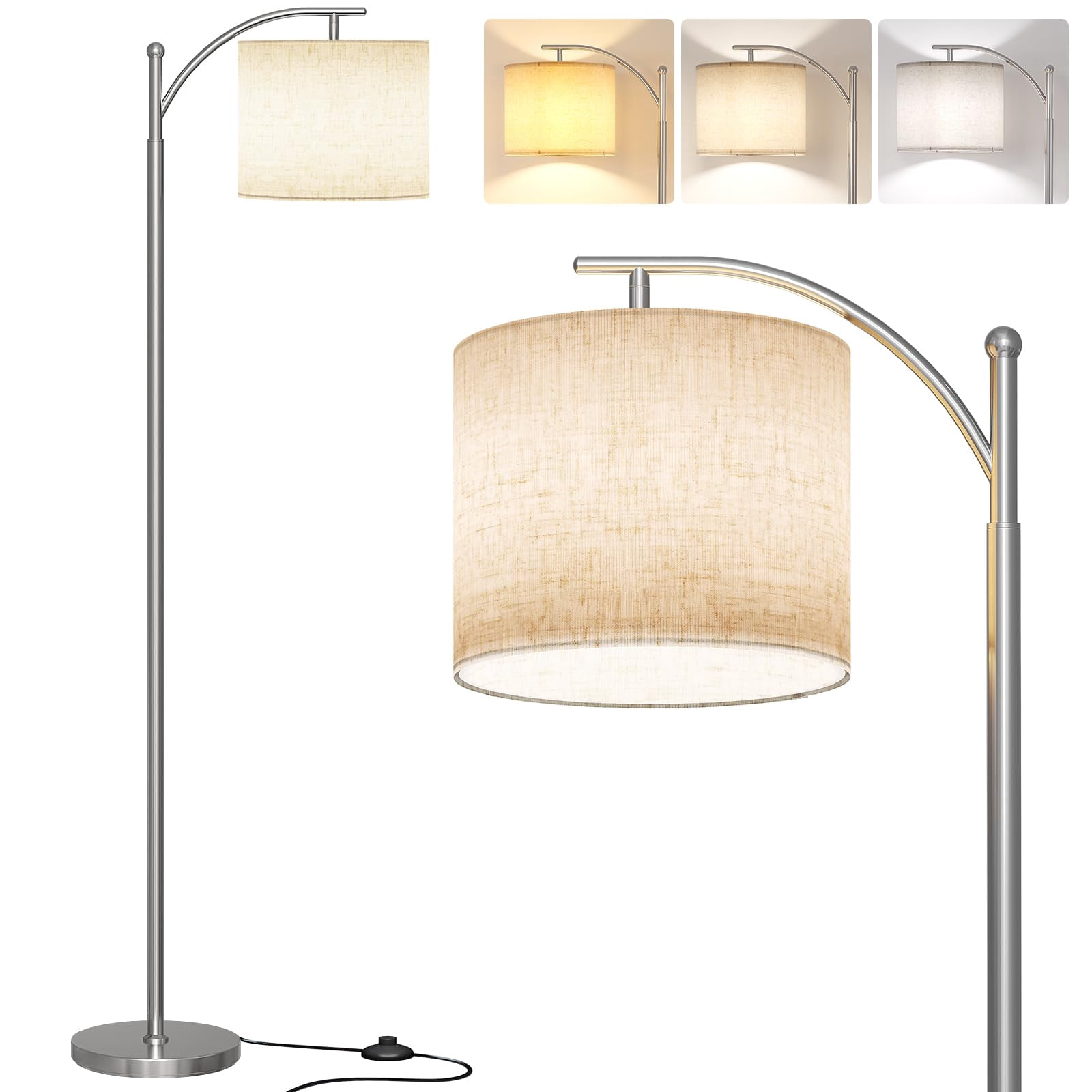 Arc Floor Lamp  Modern With 9w 3 Color Temperatures Bulb Metal Standing Lamps Adjustable Hanging Lampshade Tall For Living Room Bedroom Office