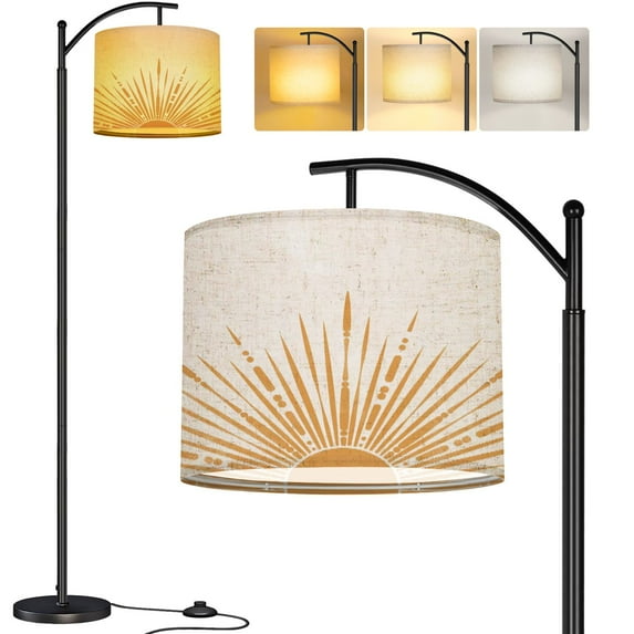 Arc Floor Lamp Orange Sun print boho minimalist wall art geometric abstract Tall Modern Standing Lamp LED Adjustable Linen Lampshade 3 Color Temperatures