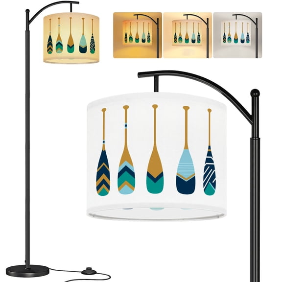 Arc Floor Lamp Painted wooden canoe Oar Modern contemporary beach Tall Modern Standing Lamp LED Adjustable Linen Lampshade 3 Color Temperatures