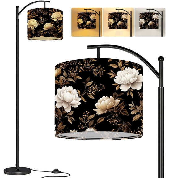 Arc Floor Lamp Peonies roses Floral vintage seamless Gold Tall Modern Standing Lamp LED Adjustable Linen Lampshade 3 Color Temperatures
