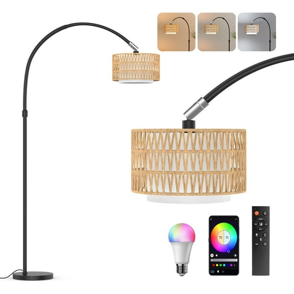 Arc Floor Lamp with Remote Control, Dimmable LED Floor Lamp with 3 Color Temperature, Black Standing Lamp with Rattan & Fabric Double Drum Shade, Farmhouse Tall Floor Lamp for Living Room Bedroom
