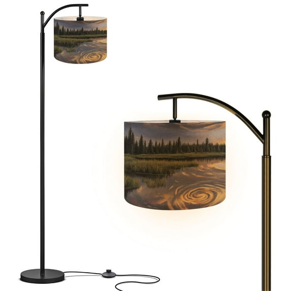 Arc Floor Lamp with Remote, Dimmable Bulb, Art Deco Arched Floor lamp Dreamlike Sky Pine Reflection Art Tranquil Lake Modern Standing Lamps with for Living Room, Bedroom, Office