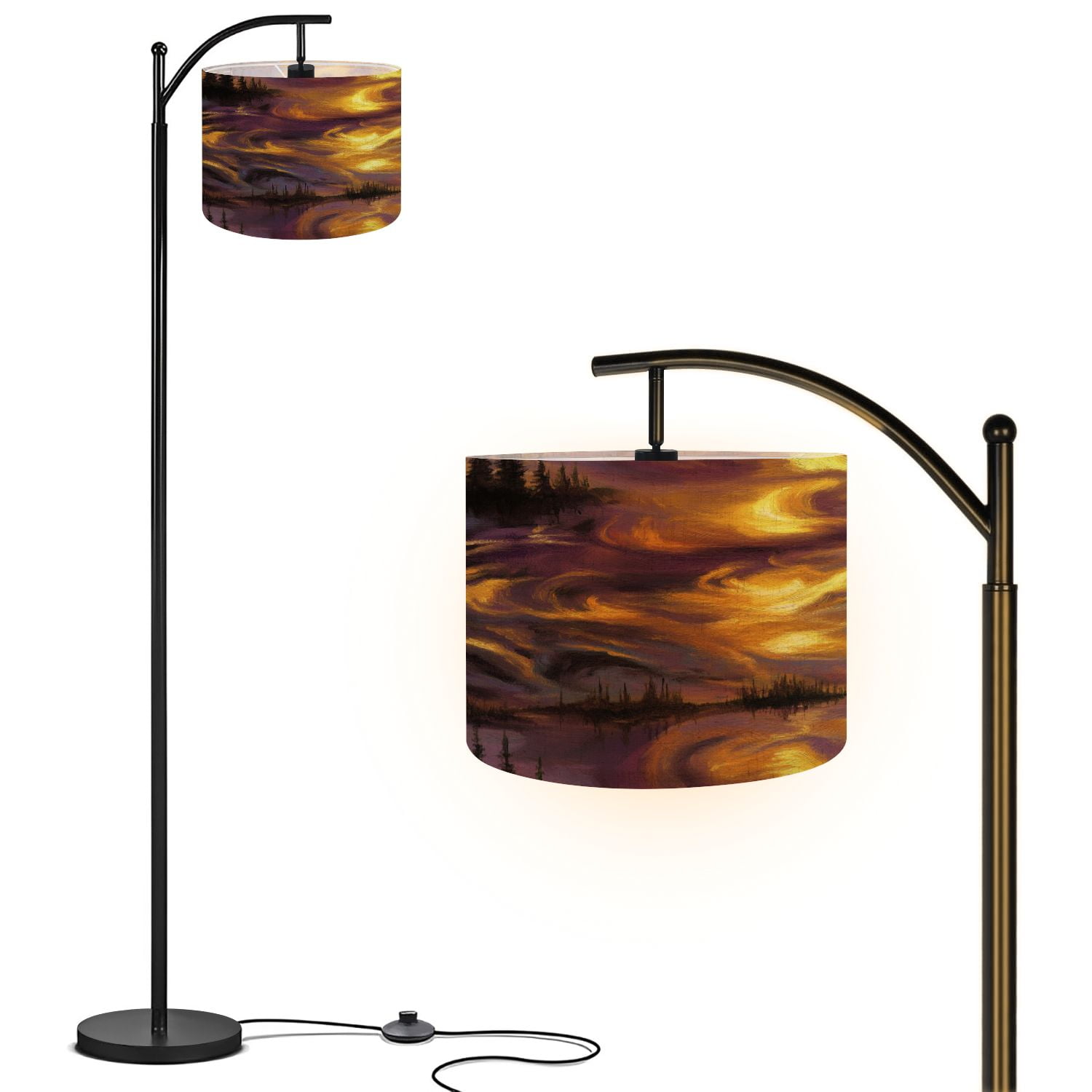 Arc Floor Lamp with Remote, Dimmable Bulb, Art Deco Arched Floor lamp Mystical Sunset Landscape Painting Rippling Lake Modern Standing Lamps with for Living Room, Bedroom, Office