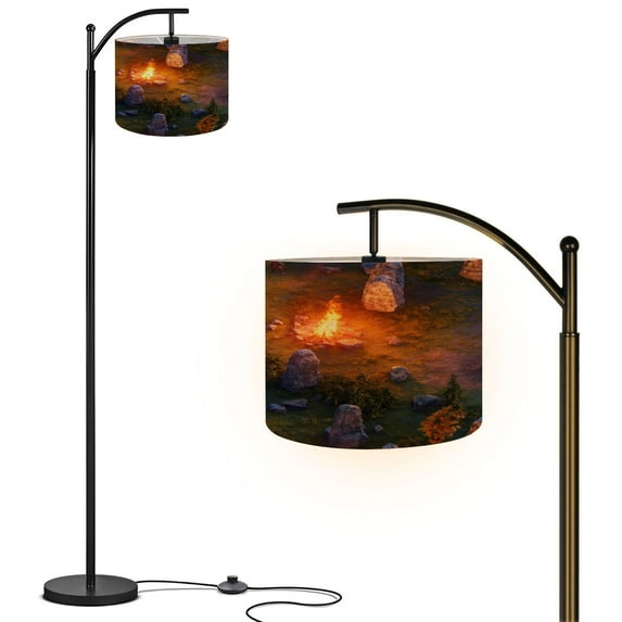 Arc Floor Lamp with Remote, Dimmable Bulb, Art Deco Arched Floor lamp Tradition Stories Cowboys by Campfire Illustration Modern Standing Lamps with for Living Room, Bedroom, Office