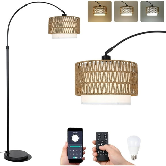 72" Arc Floor Lamp with Remote - Adjustable Height Led Standing Lamp with Rattan & Fabric Shade