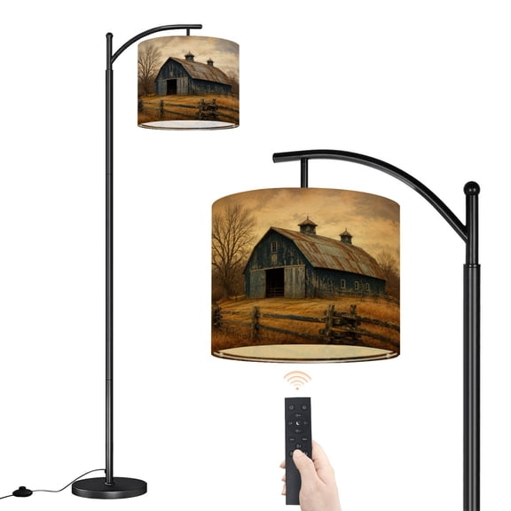 Arc Floor Lamp Rustic Farmhouse Vintage Barn Country Field Landscape Rustic Barn Open Dimmable Modern Standing Lamp with Remote Adjustable Drum Shade Footswitch Tall Pole Lamp for Living Room Bedroom