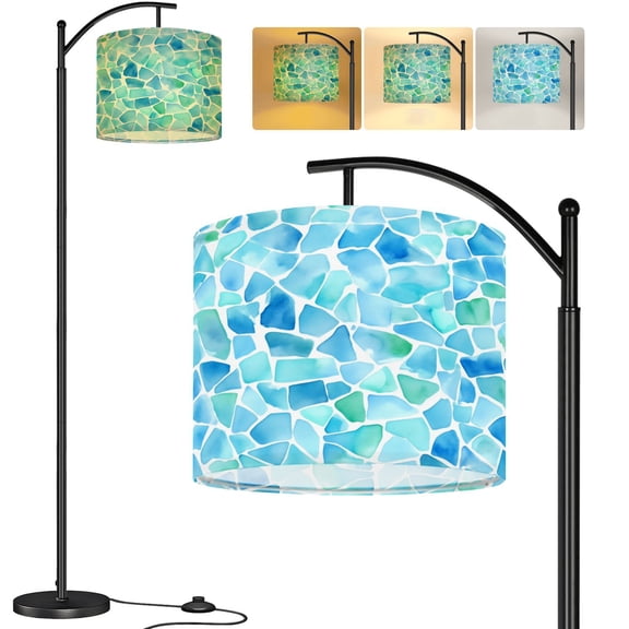 Arc Floor Lamp Seamless mosaic texture blue kaleidoscope Tall Modern Standing Lamp LED Adjustable Linen Lampshade 3 Color Temperatures