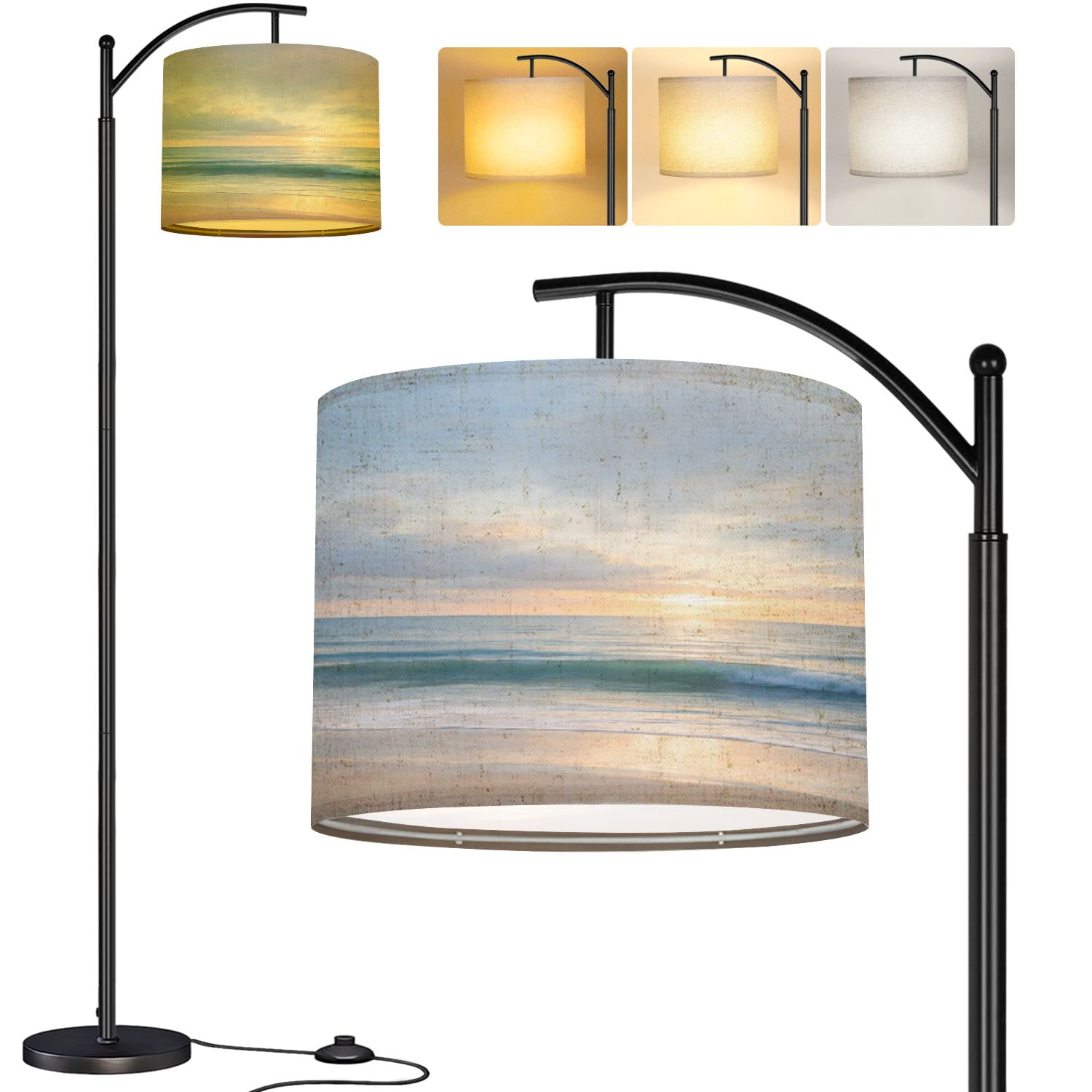 Arc Floor Lamp Serene Ocean Waves Sunset Soft Clouds Golden Light Tall Modern Standing Lamp LED Adjustable Linen Lampshade 3 Color Temperatures