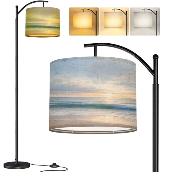 Arc Floor Lamp Serene Ocean Waves Sunset Soft Clouds Golden Light Tall Modern Standing Lamp LED Adjustable Linen Lampshade 3 Color Temperatures
