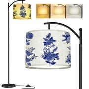 Arc Floor Lamp Set blue white Chinese style bouquets various flowers leaves twigs Tall Modern Standing Lamp LED Adjustable Linen Lampshade 3 Color Temperatures