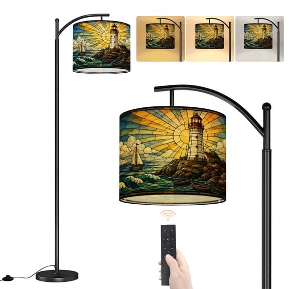 Arc Floor Lamp Stained Glass Lighthouse ocean nautical Sailing sailboat Waves sunrise Dimmable Modern Standing Lamp with Remote Adjustable Drum Shade Footswitch Tall Pole Lamp for Living Room Bedroom