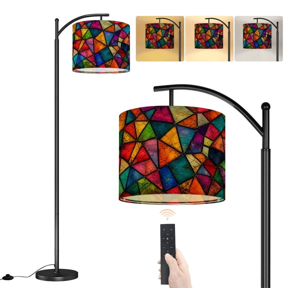 Arc Floor Lamp Stained Glass modern rainbow Abstract Geometric mosaic colored Dimmable Modern Standing Lamp with Remote Adjustable Drum Shade Footswitch Tall Pole Lamp for Living Room Bedroom