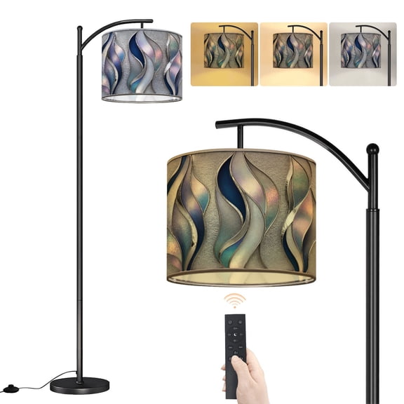 Arc Floor Lamp Stained Glass wave Silver Abstract Mosaic Geometric Rainbow 3D Dimmable Modern Standing Lamp with Remote Adjustable Drum Shade Footswitch Tall Pole Lamp for Living Room Bedroom