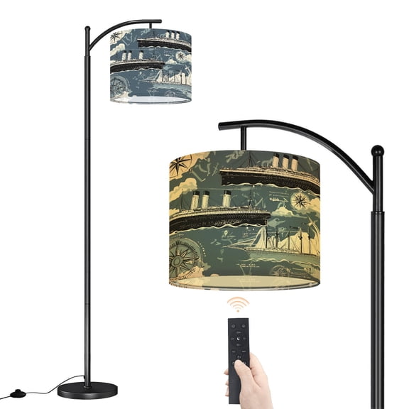 Arc Floor Lamp Steamship Nautical Map Steamship Sailing Ship Compass Rose Cloud Dimmable Modern Standing Lamp with Remote Adjustable Drum Shade Footswitch Tall Pole Lamp for Living Room Bedroom