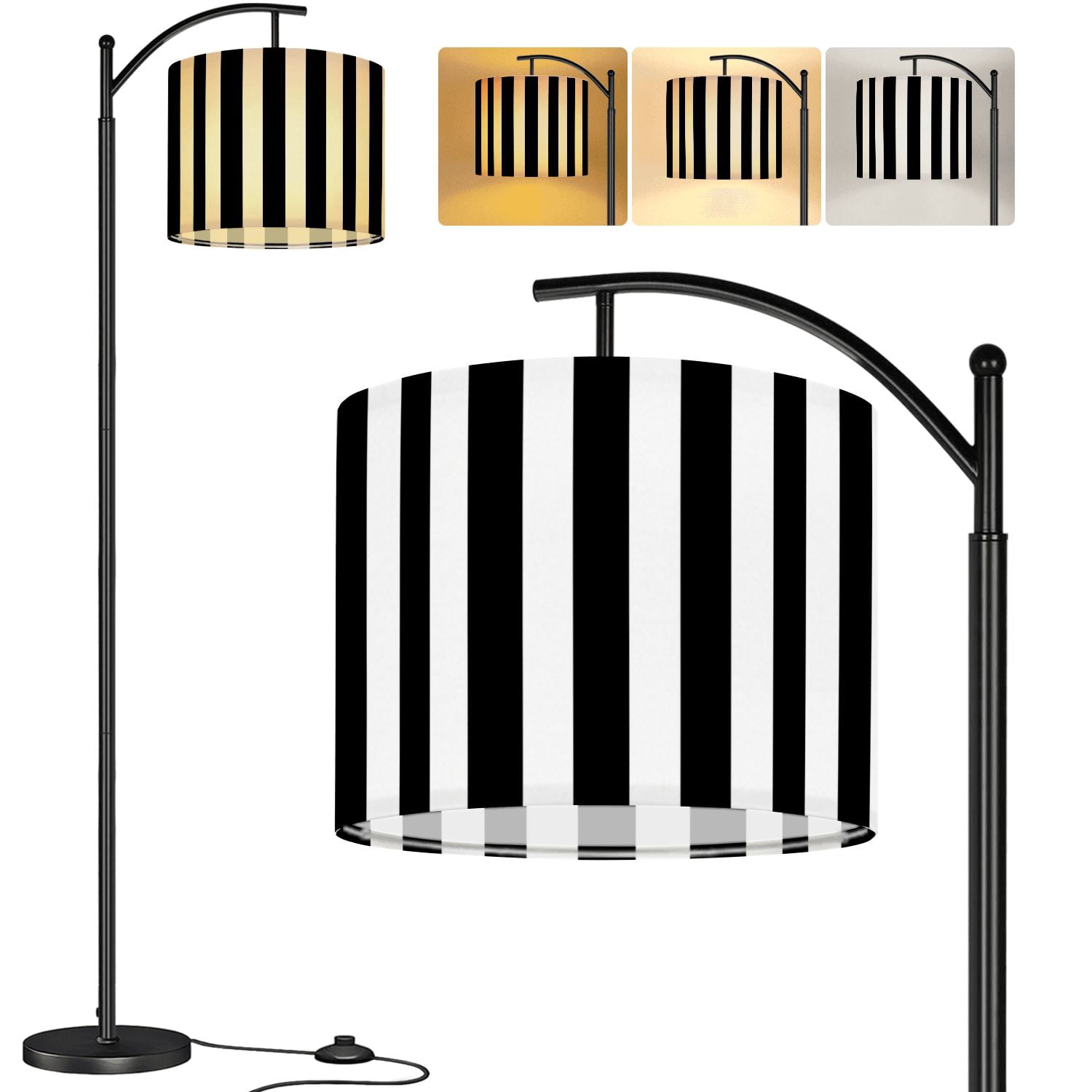 Arc Floor Lamp Striped black white Tall Modern Standing Lamp LED Adjustable Linen Lampshade 3 Color Temperatures