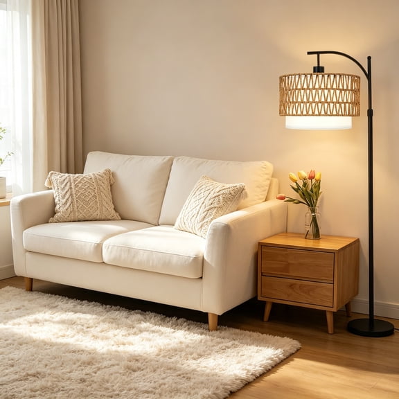 Arc Floor Lamp with Table and Shelves, Rattan Boho Floor Lamp with Remote Control, Rustic Floor Lamp for Bedroom, Wicker Standing Lamp with 3 Color Temperature, Tall Lamp for Living Room Corner
