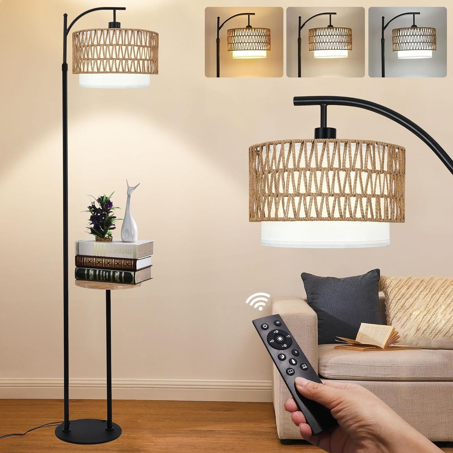 Arc Floor Lamp with Table and Shelves,Rattan Boho Floor Lamp with ...