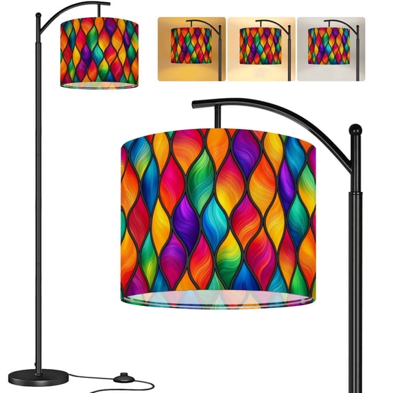 Arc Floor Lamp Textured Stained Glass Rainbow Wavy Tall Modern Standing Lamp LED Adjustable Linen Lampshade 3 Color Temperatures