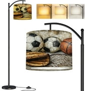 Arc Floor Lamp Vintage Sports Baseball Basketball Football Playroom Balls Soccer Ball Tall Modern Standing Lamp LED Adjustable Linen Lampshade 3 Color Temperatures