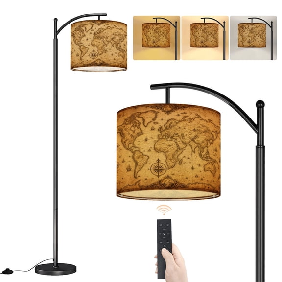 Arc Floor Lamp Vintage world map nautical old Treasure Retro stained parchment Dimmable Modern Standing Lamp with Remote Adjustable Drum Shade Footswitch Tall Pole Lamp for Living Room Bedroom
