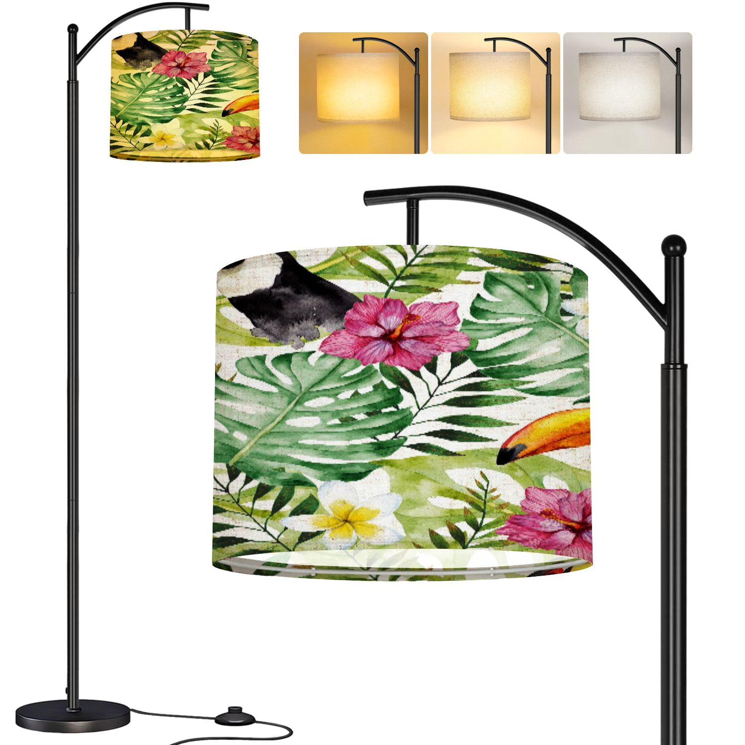 13x13x10 Inch Drum Lamp Shade – Vintage Green Floral Birds & Tropical Plants Design, Linen Fabric For Floor, Table, Or Pendant Lights – Replacement Lampshade With Adapter Rings