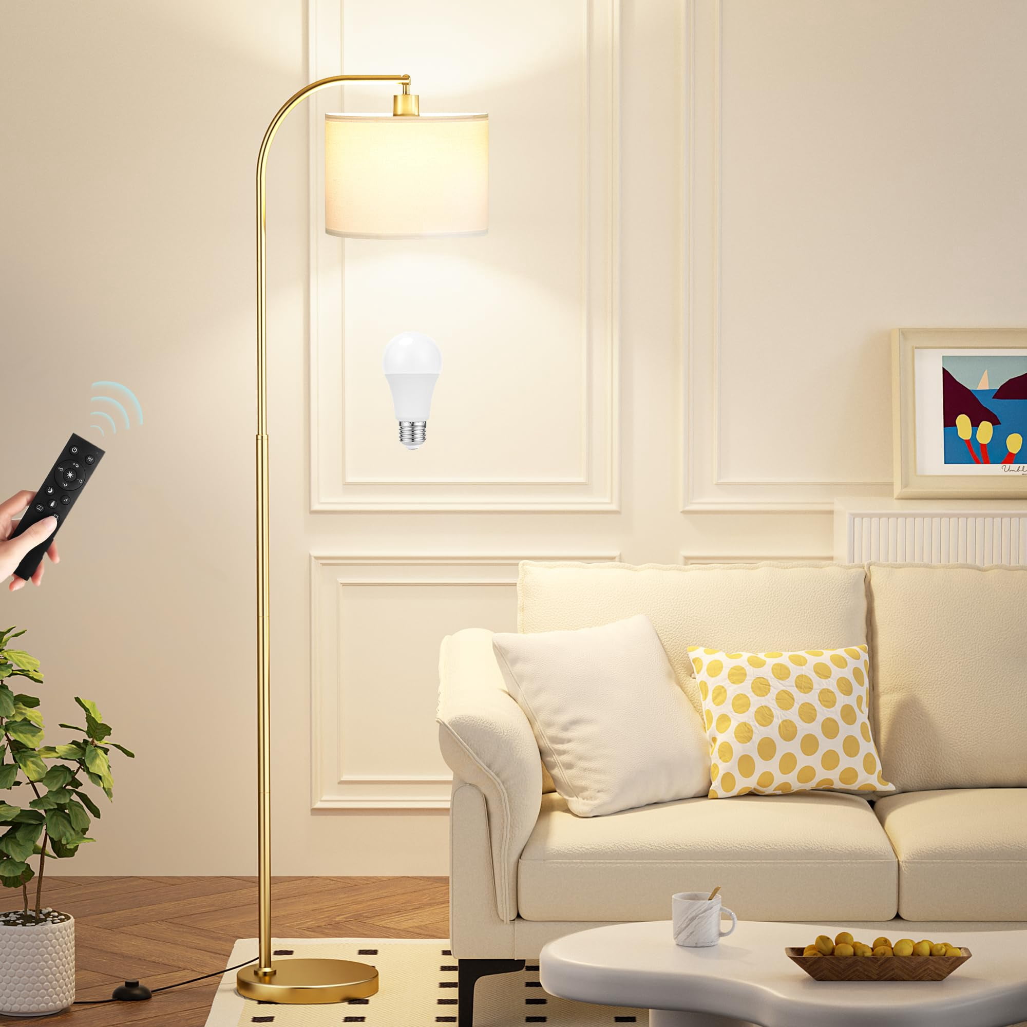 Arc Floor Lamp White & Gold With Remote And Stepless Dimmable Light For Living Room