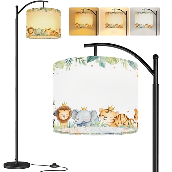 Arc Floor Lamp animals watercolor baby elephant lion zebra Tall Modern Standing Lamp LED Adjustable Linen Lampshade 3 Color Temperatures
