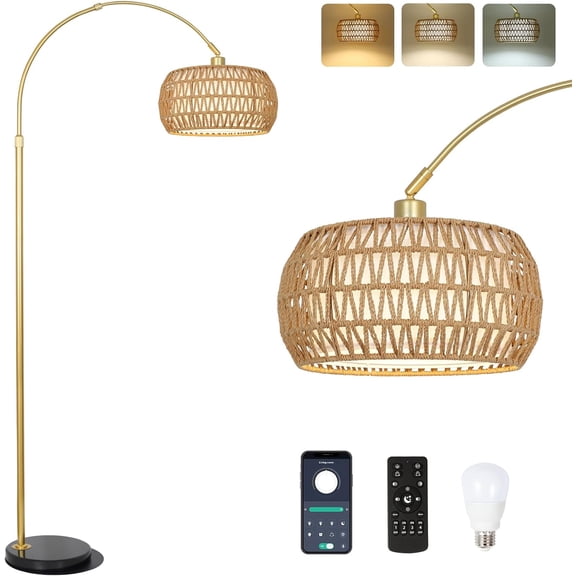 Arc Floor Lamp for bedroom with Rattan & Linen Shades, Gold Floor Lamp with Remote & Dimming Bulb, Rustic Standing Lamp with 3 Color Temperatures,Adjustable Height Farmhouse Tall Lamp for Living Room