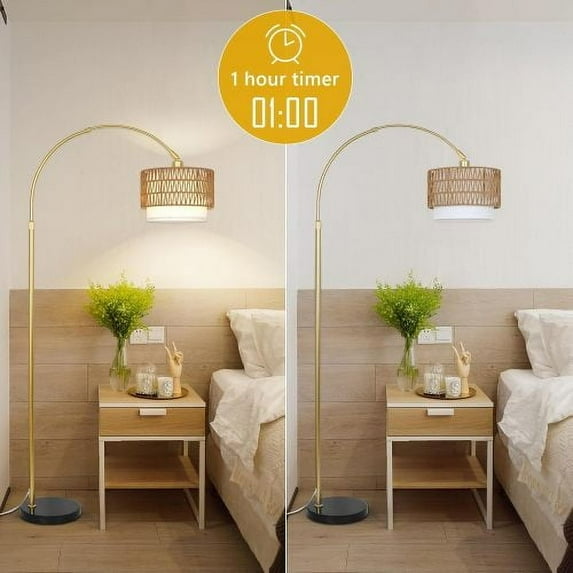 Arc Floor Lamp for bedroom with Rattan &Linen Shades, Gold Floor Lamp with Remote & Dimming Bulb, Rustic Standing Lamp with 3 Color Temperatures, Adjustable Height Farmhouse Tall Lamp for Living Room