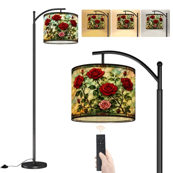 Arc Floor Lamp floral Stained Glass marble Red Green Leaves Flower Branch Pink Rose Dimmable Modern Standing Lamp with Remote Adjustable Drum Shade Footswitch Tall Pole Lamp for Living Room Bedroom