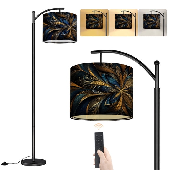 Arc Floor Lamp flower butterfly Stained Glass floral golden Geometric abstract blue Dimmable Modern Standing Lamp with Remote Adjustable Drum Shade Footswitch Tall Pole Lamp for Living Room Bedroom