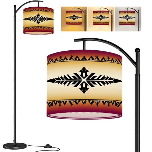 Arc Floor Lamp geometric seamless Native southwest american Tall Modern Standing Lamp LED Adjustable Linen Lampshade 3 Color Temperatures