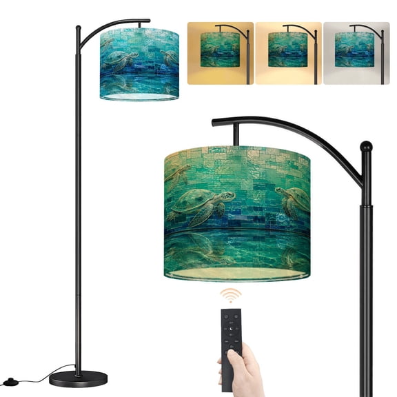 Arc Floor Lamp ocean Sea Turtle stained glass green pool Teal Blue coral coastal Dimmable Modern Standing Lamp with Remote Adjustable Drum Shade Footswitch Tall Pole Lamp for Living Room Bedroom