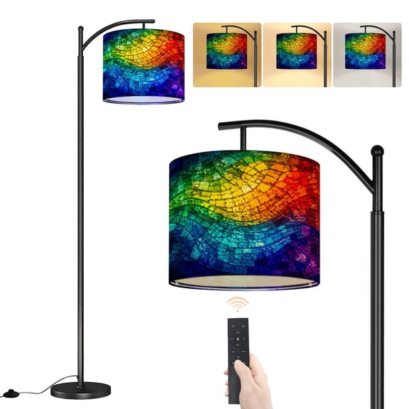 Arc Floor Lamp rainbow stained glass wave Abstract modern Geometric circle Light Dimmable Modern Standing Lamp with Remote Adjustable Drum Shade Footswitch Tall Pole Lamp for Living Room Bedroom