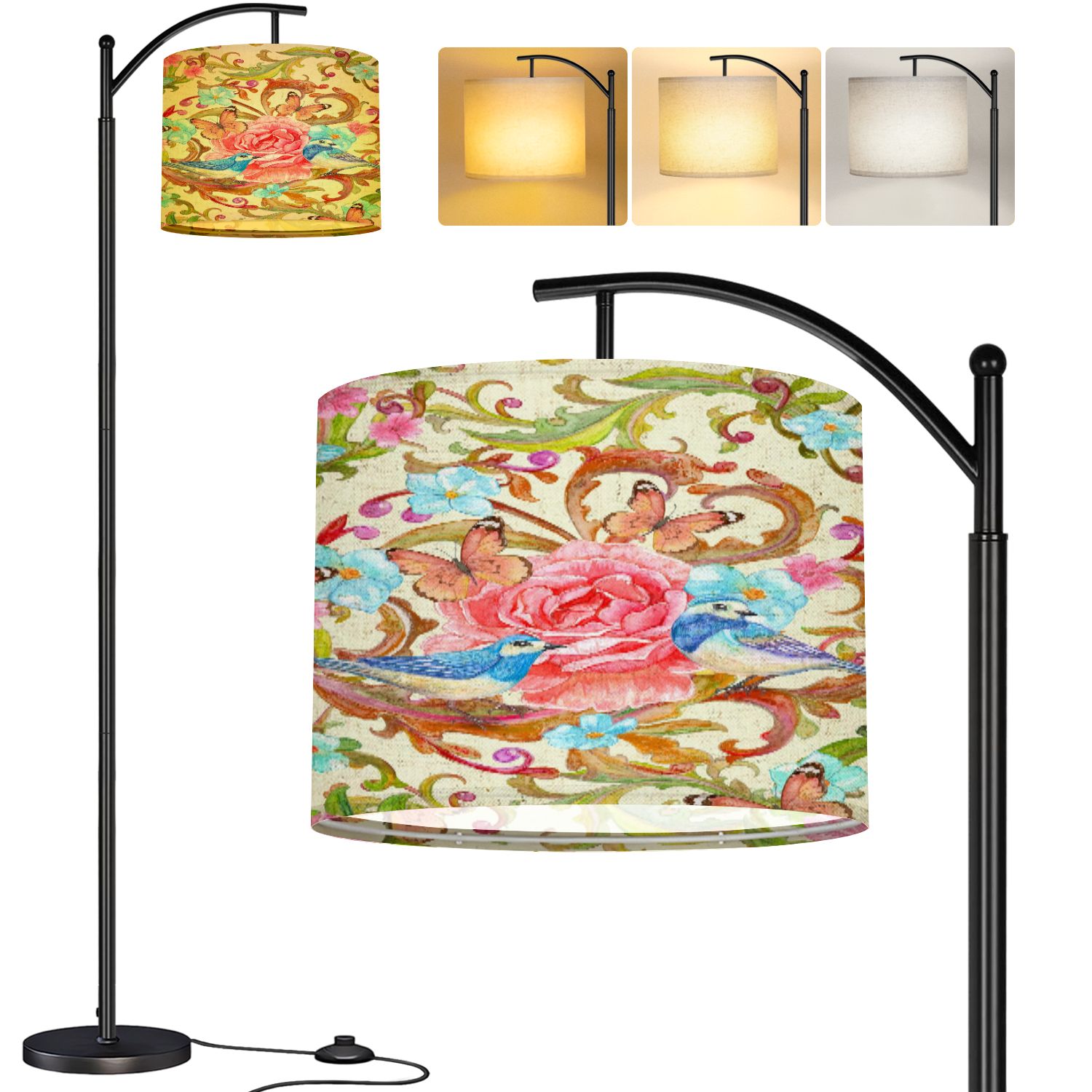 Arc Floor Lamp retro floral seamless texture couple little blue birds ...