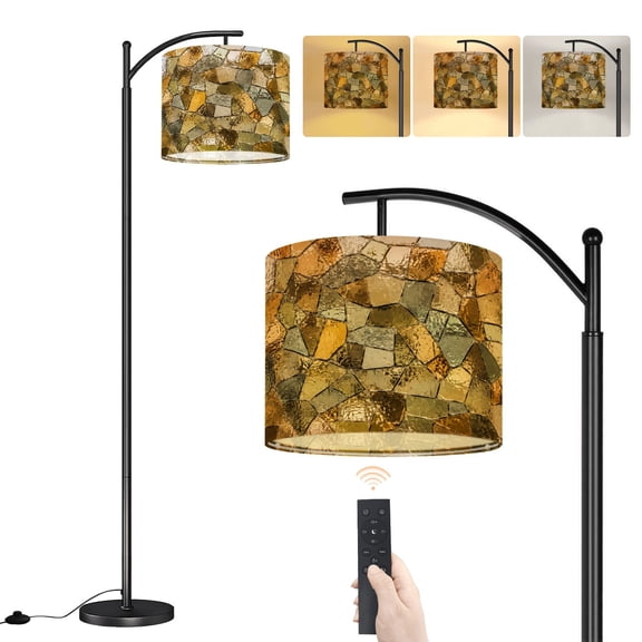 Arc Floor Lamp stained glass mosaic golden monochrome Geometric Modern colored Dimmable Modern Standing Lamp with Remote Adjustable Drum Shade Footswitch Tall Pole Lamp for Living Room Bedroom