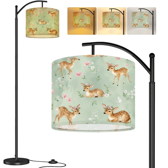 Arc Floor Lamp watercolor seamless fawn forest animals for baby Tall Modern Standing Lamp LED Adjustable Linen Lampshade 3 Color Temperatures